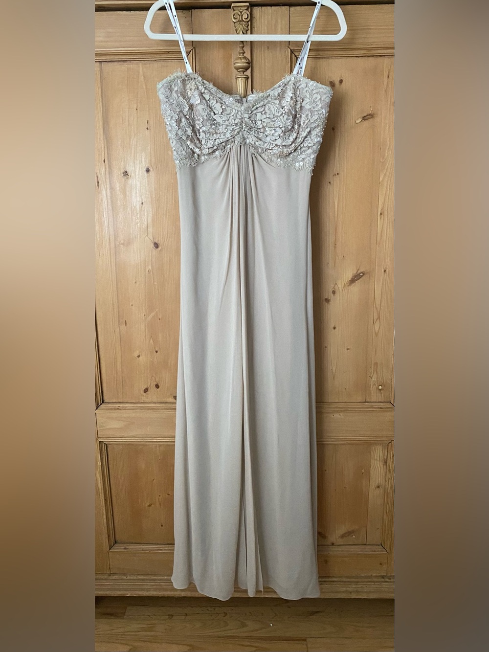 Strapless Beaded Bodice Evening Gown in Light Beige